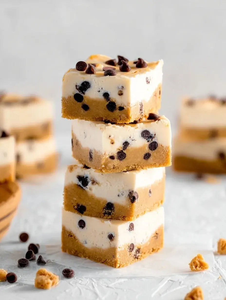 A close up shot of sliced no-bake cookie dough cheesecake bars with a thick chocolate ganache layer on top