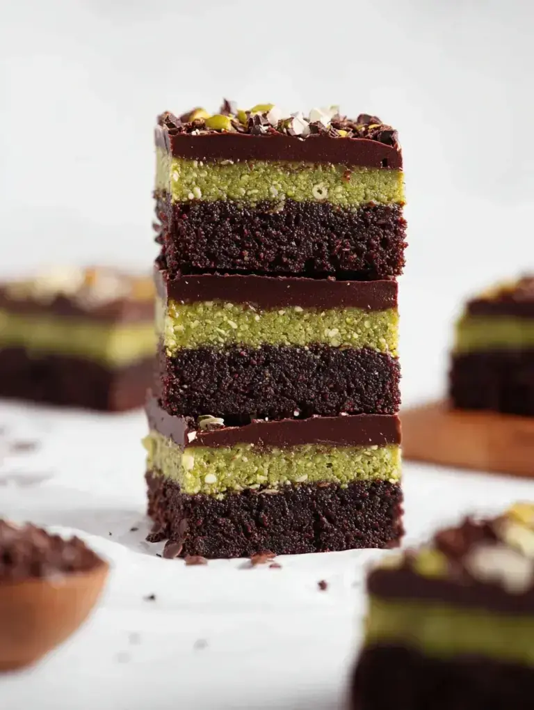 A close-up shot of sliced No-Bake Dubai Chocolate Brownies showing the bright green pistachio and crunchy kataifi layer.