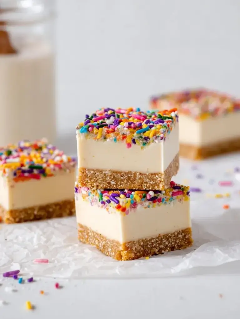 A square of No-Bake Funfetti Cheesecake Bars with rainbow sprinkles on a white plate