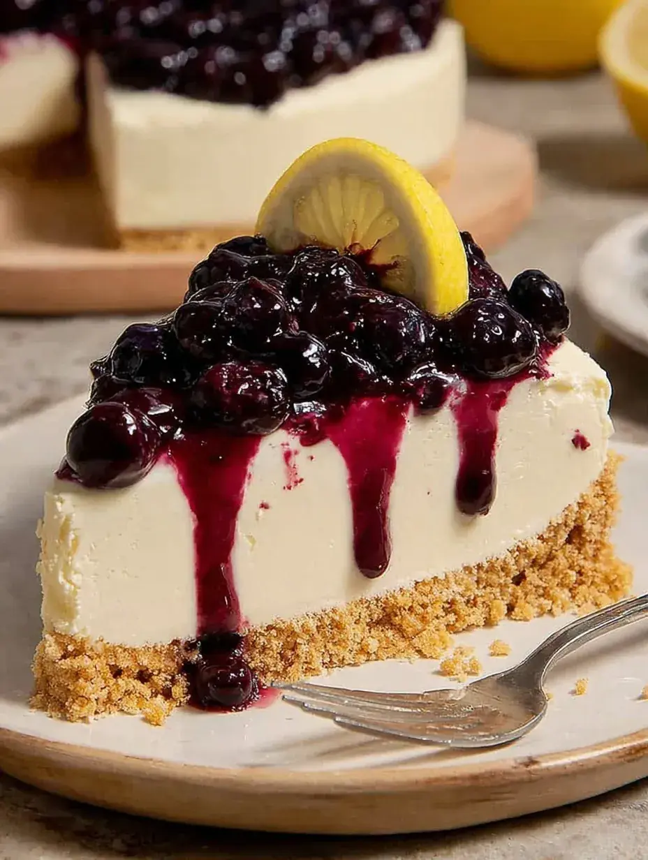 A slice of No-Bake Lemon Blueberry Cheesecake with purple berry swirls and a graham cracker crust