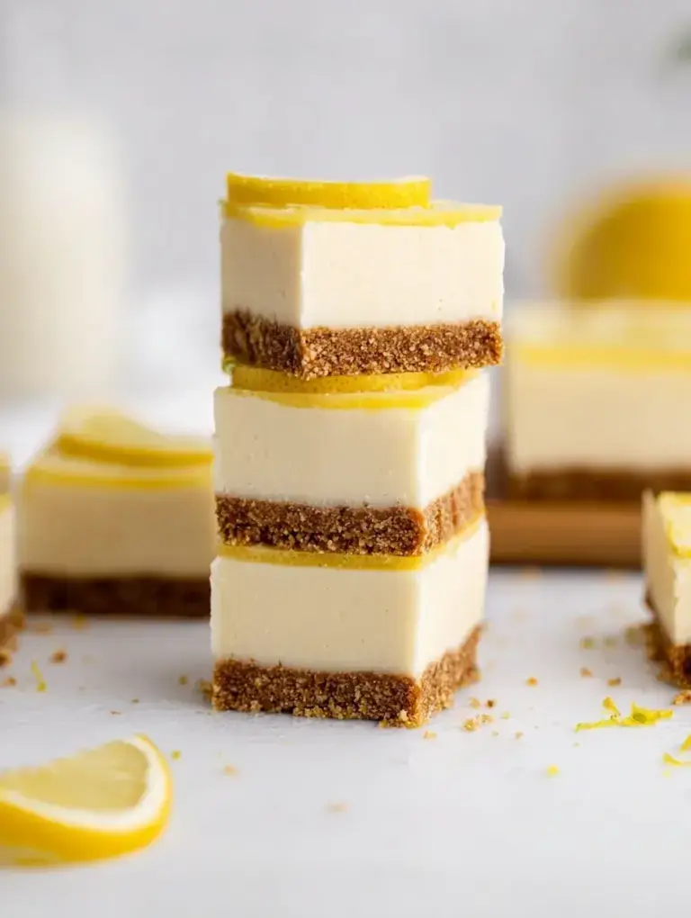 Chilled No-Bake Lemon Cheesecake Bars sliced into squares on a parchment-lined pan