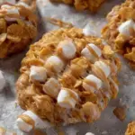 Close up of No-Bake Peanut Butter Cornflake Marshmallow Cookies on a parchment lined baking sheet