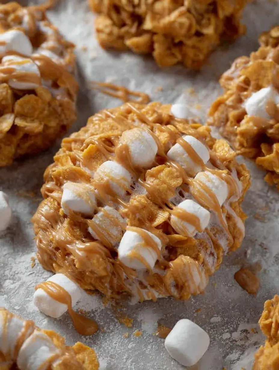 Close up of No-Bake Peanut Butter Cornflake Marshmallow Cookies on a parchment lined baking sheet