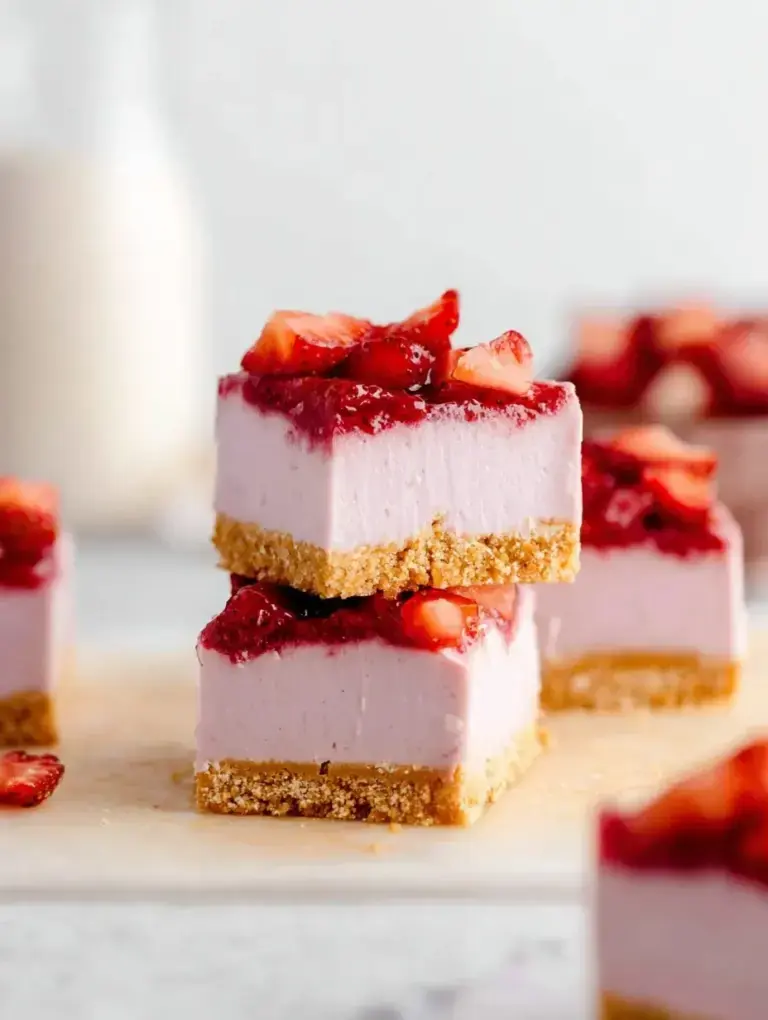 Chilled No-Bake Strawberry Cheesecake Bars topped with fresh sliced strawberries and a shiny glaze