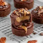 A platter of No-Bake Turtle Brownie Bites topped with date caramel, toasted pecans, and dark chocolate drizzle