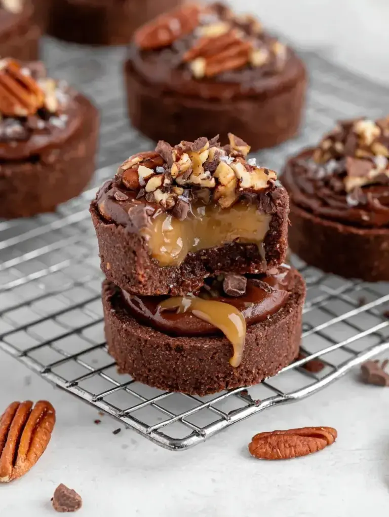 A platter of No-Bake Turtle Brownie Bites topped with date caramel, toasted pecans, and dark chocolate drizzle