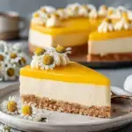 A slice of No Bake Vegan Mango Coconut Cheesecake with a smooth yellow mango layer on a nutty brown crust
