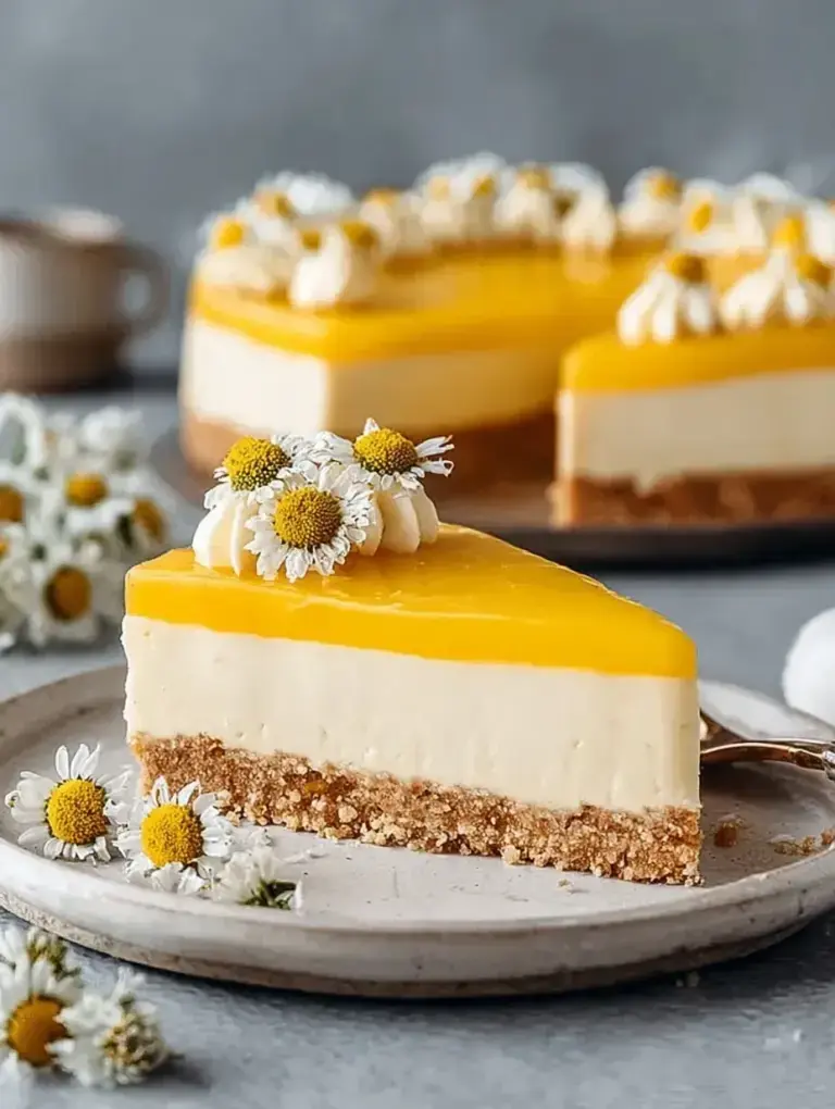 A slice of No Bake Vegan Mango Coconut Cheesecake with a smooth yellow mango layer on a nutty brown crust