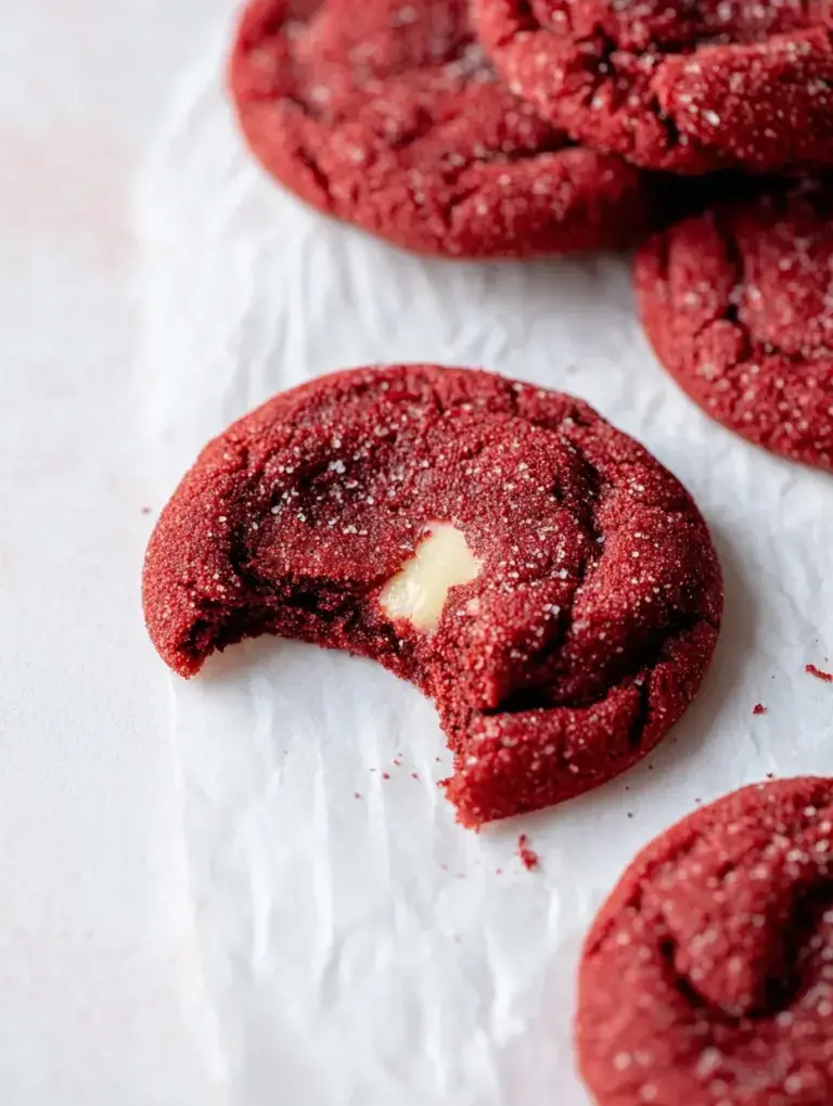 A tray of warm Vegan Red Velvet Cream Cheese Stuffed Cookies showing a peek of the white filling