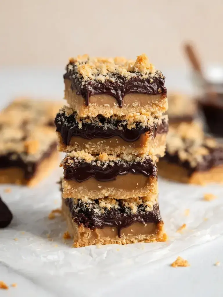 Golden Vegan Oatmeal Fudge Bars sliced into squares showing the thick chocolate layer