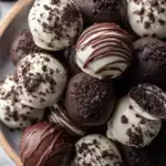 A plate of chilled Oreo Balls coated in dark chocolate with a white chocolate drizzle
