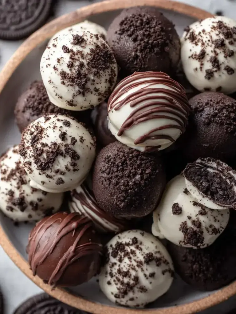 A plate of chilled Oreo Balls coated in dark chocolate with a white chocolate drizzle