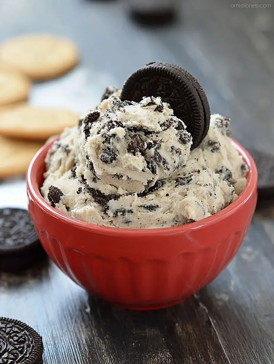 A bowl of creamy Oreo Cookie Dough with crushed cookies and a silver spoon.