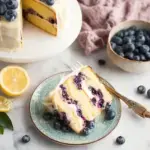 A slice of Zesty Lemon Blueberry Cake on a white plate with a lemon glaze drizzle
