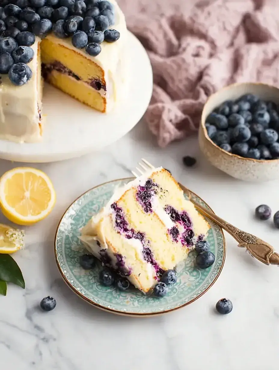 A slice of Zesty Lemon Blueberry Cake on a white plate with a lemon glaze drizzle