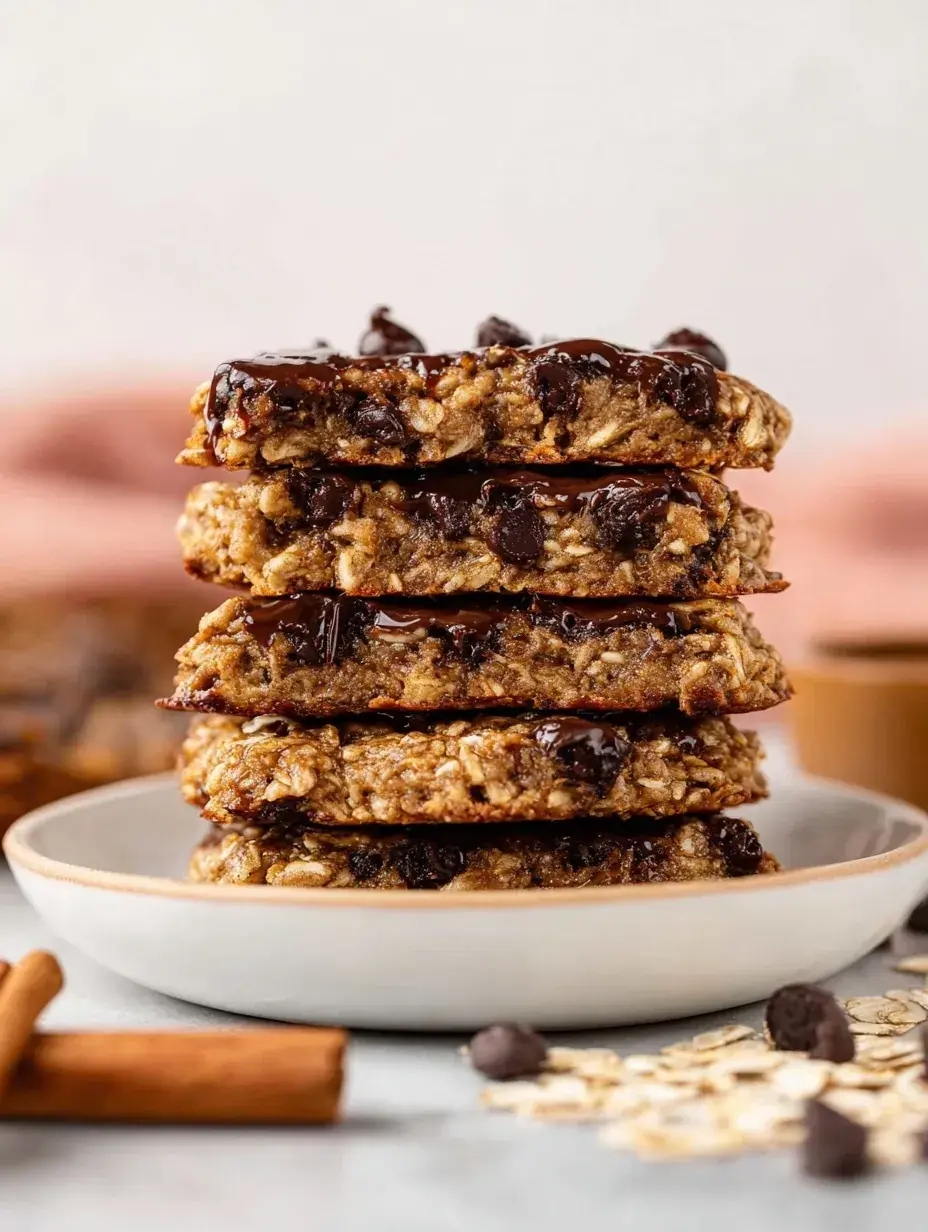 A tray of freshly baked Peanut Butter Banana Oatmeal Cookies with melted chocolate chips