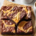 A square of Peanut Butter Brownies showing the chocolate and peanut butter marbled top.