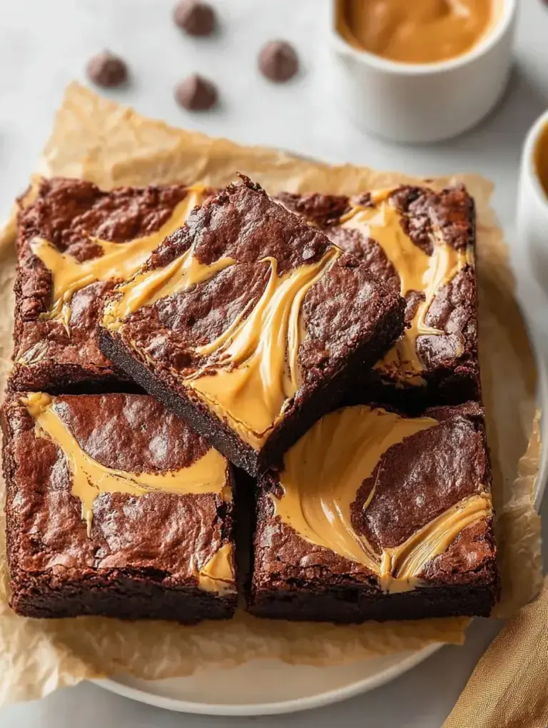 A square of Peanut Butter Brownies showing the chocolate and peanut butter marbled top.