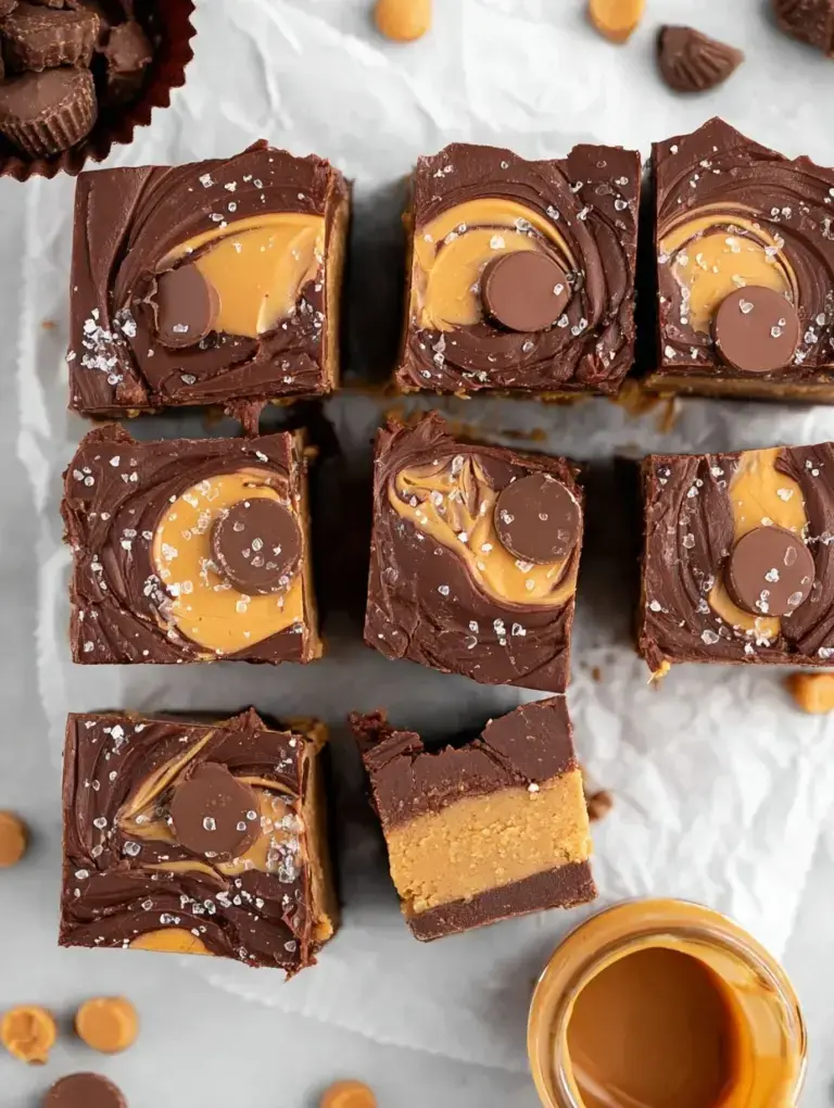 A close-up shot of square pieces of Peanut Butter Cup Fudge showing the distinct peanut butter and chocolate layers topped with chopped candy.