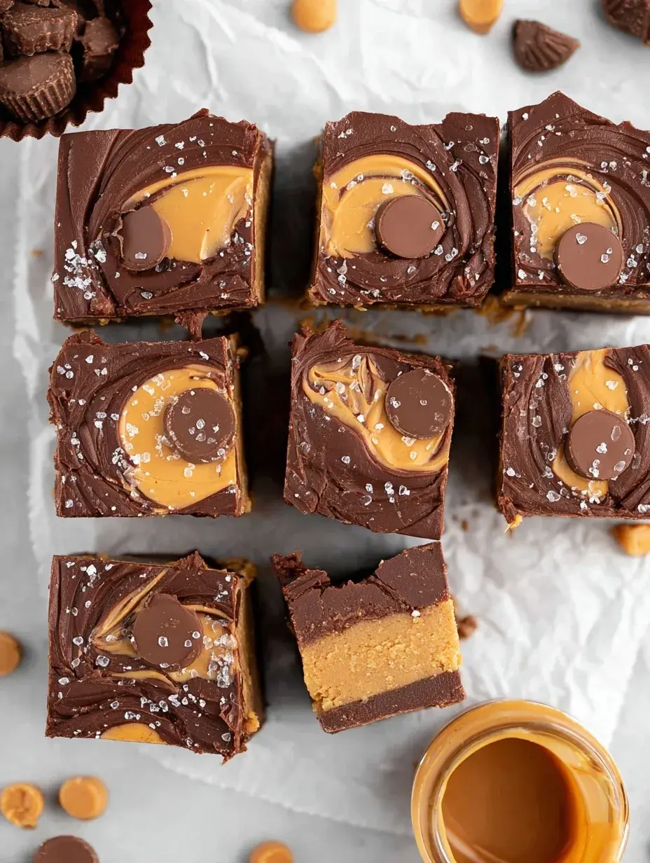 A close-up shot of square pieces of Peanut Butter Cup Fudge showing the distinct peanut butter and chocolate layers topped with chopped candy.