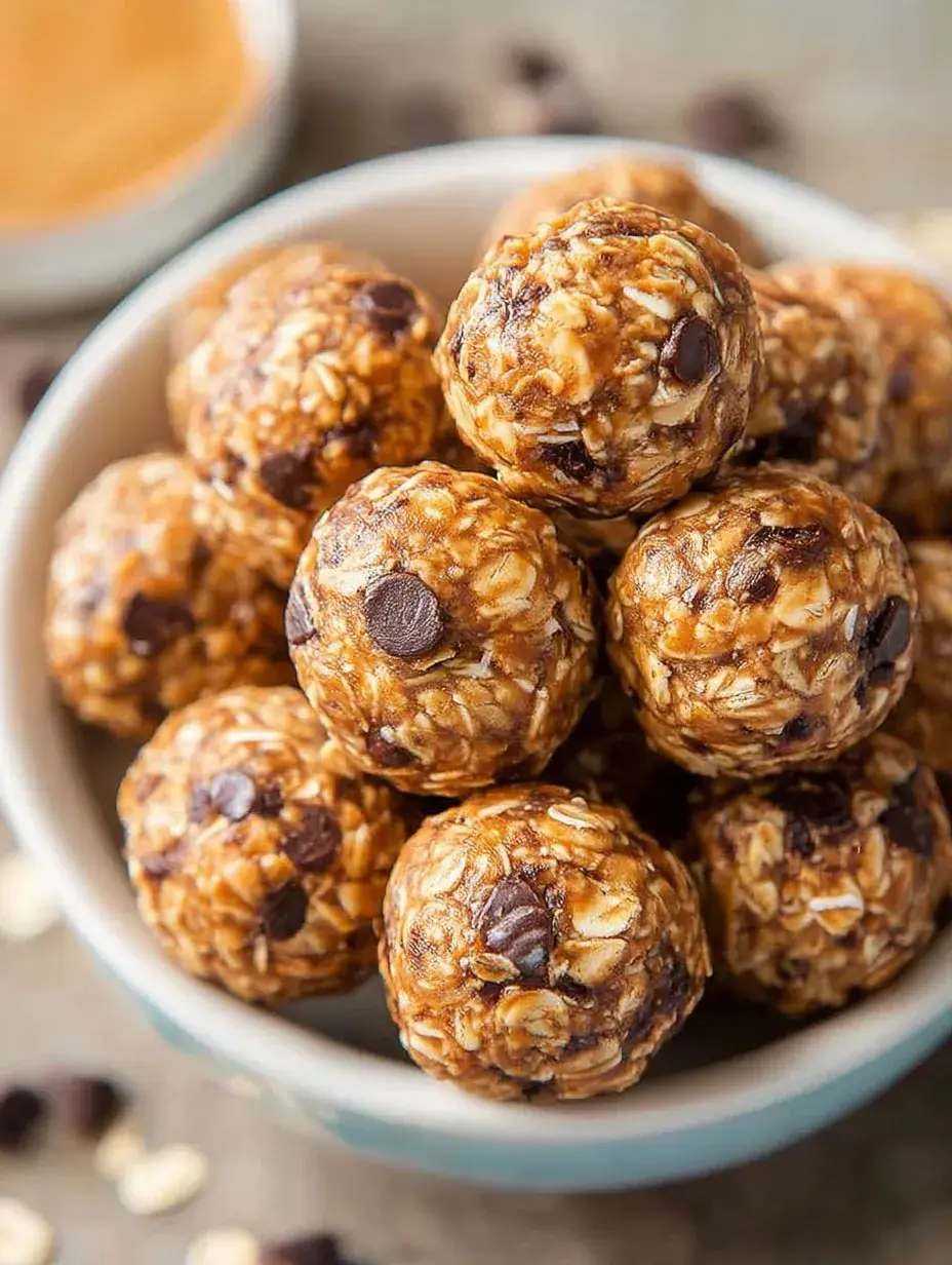 A plate of round Peanut Butter Oatmeal Balls showing textures of oats and chocolate chips