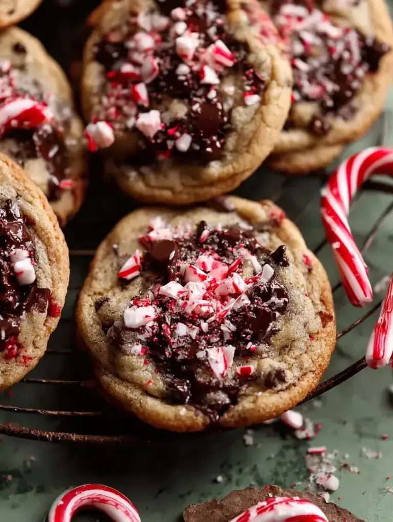 Freshly baked Peppermint Chocolate Chip Cookies topped with crushed candy canes on a cooling rack