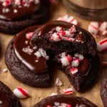 A stack of dark chocolate Peppermint Mocha Cookies with white chocolate drizzle and crushed candy canes