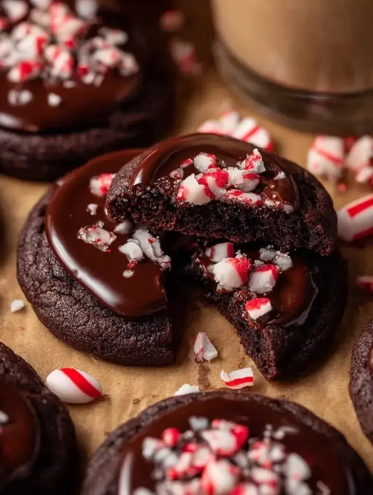 A stack of dark chocolate Peppermint Mocha Cookies with white chocolate drizzle and crushed candy canes
