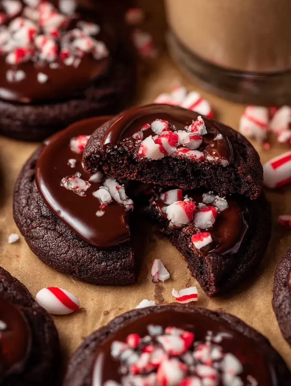 A stack of dark chocolate Peppermint Mocha Cookies with white chocolate drizzle and crushed candy canes