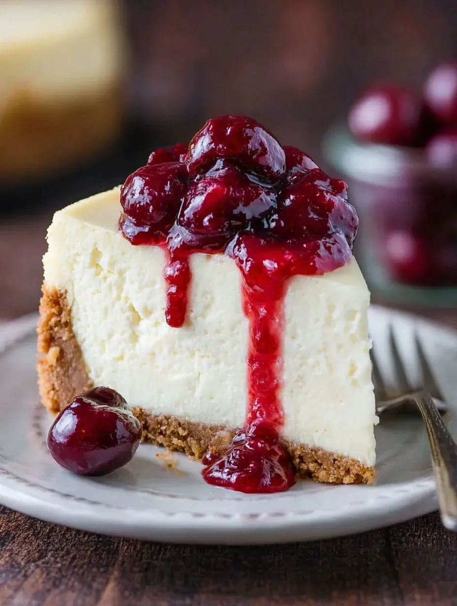 A slice of Classic New York Style Cheesecake on a plate with a golden graham cracker crust