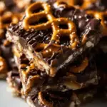 A tray of dark chocolate Pretzel Bark topped with white chocolate drizzle and sea salt.