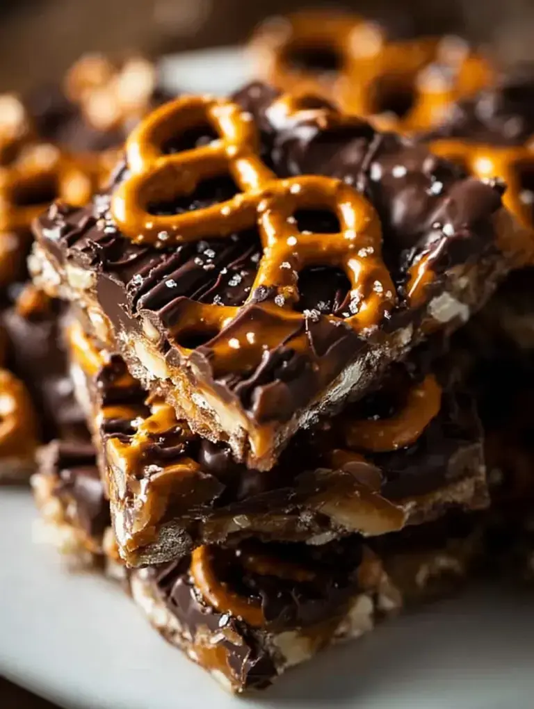 A tray of dark chocolate Pretzel Bark topped with white chocolate drizzle and sea salt.