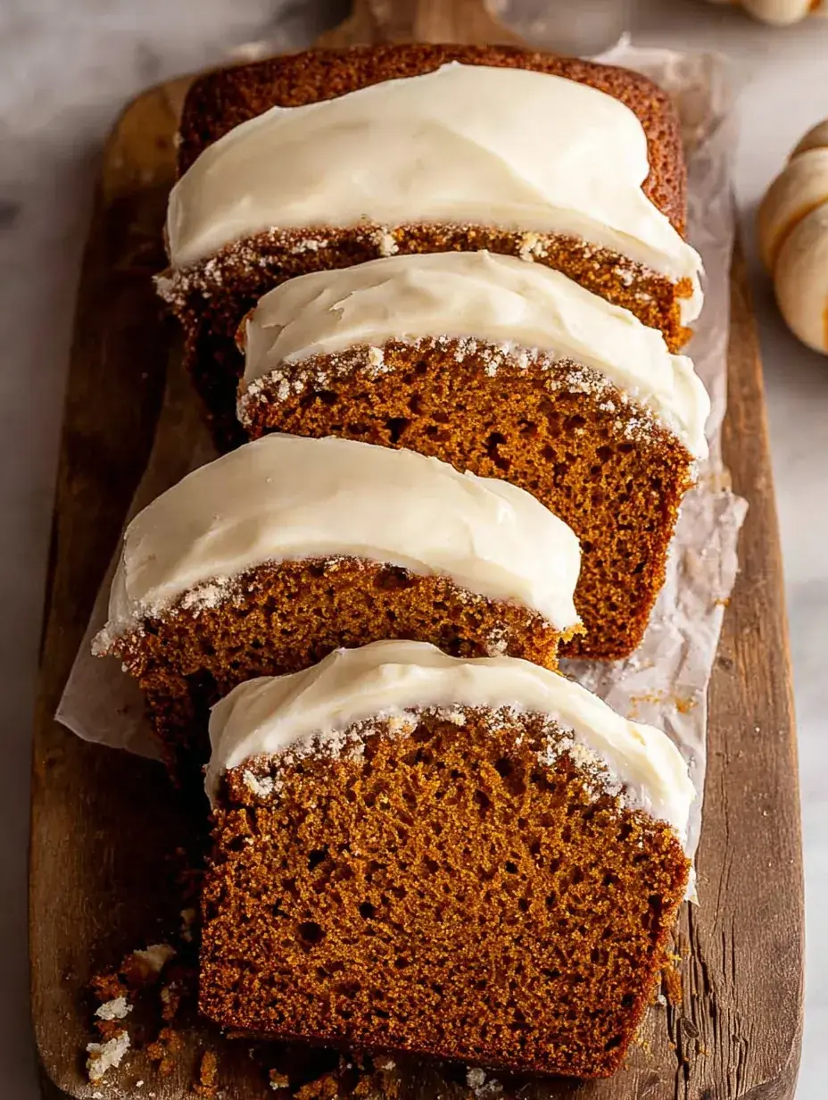 A sliced loaf of moist pumpkin bread with cream cheese frosting on a wooden board