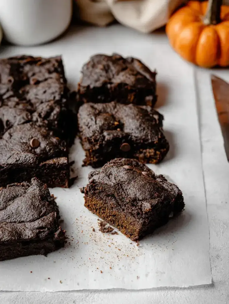 Fudgy Vegan Pumpkin Brownies on a cooling rack with melted chocolate chips