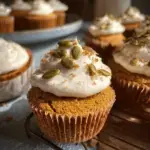 A tray of freshly baked Pumpkin Cassava Flour Cupcakes topped with white coconut cream frosting
