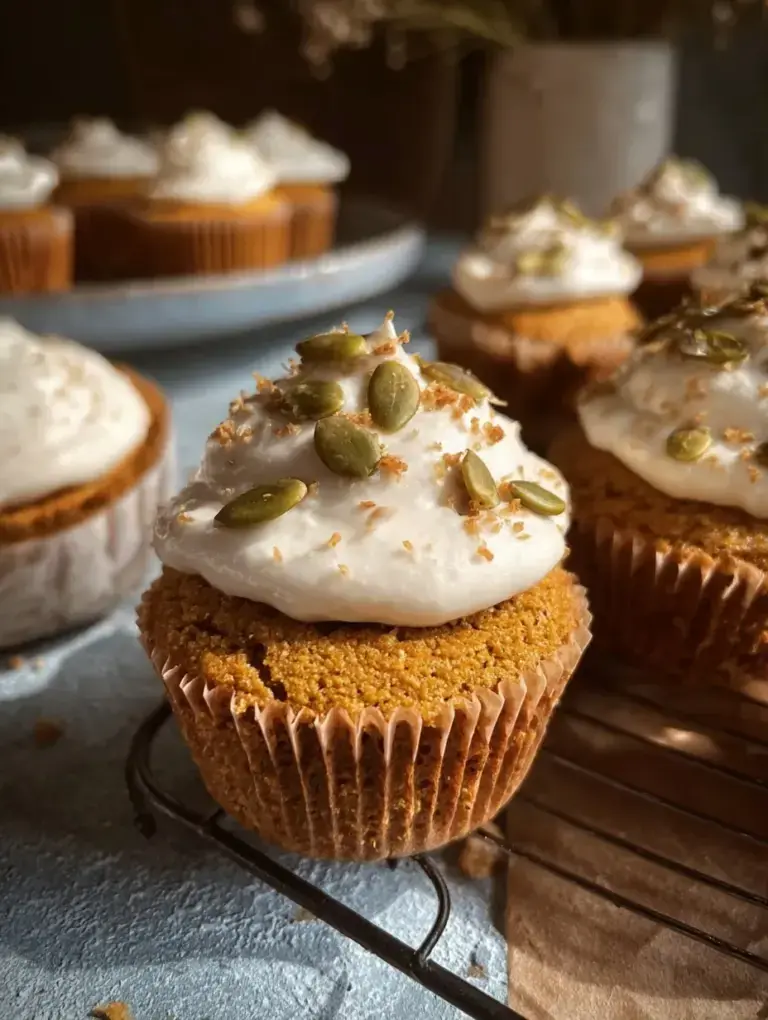 A tray of freshly baked Pumpkin Cassava Flour Cupcakes topped with white coconut cream frosting