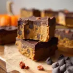 A stack of homemade Pumpkin Chocolate Chip Protein Bars (Vegan) on a piece of parchment paper.