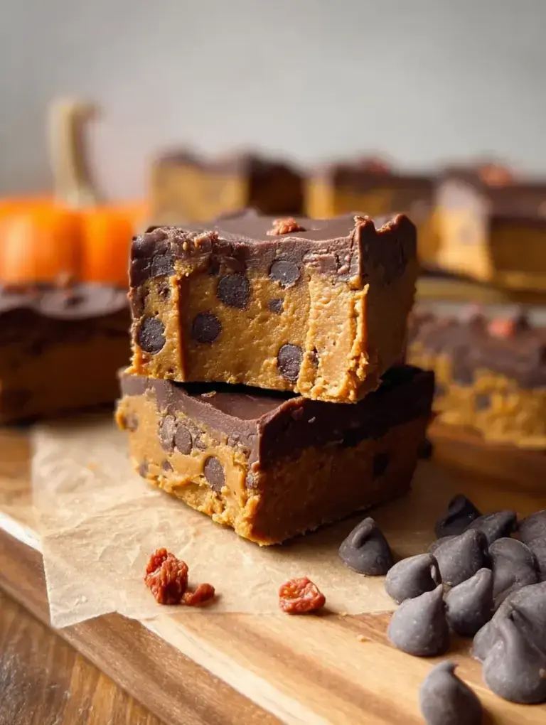 A stack of homemade Pumpkin Chocolate Chip Protein Bars (Vegan) on a piece of parchment paper.