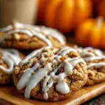 Close up of a Pumpkin Coffee Cake Cookies with golden streusel and white vanilla glaze