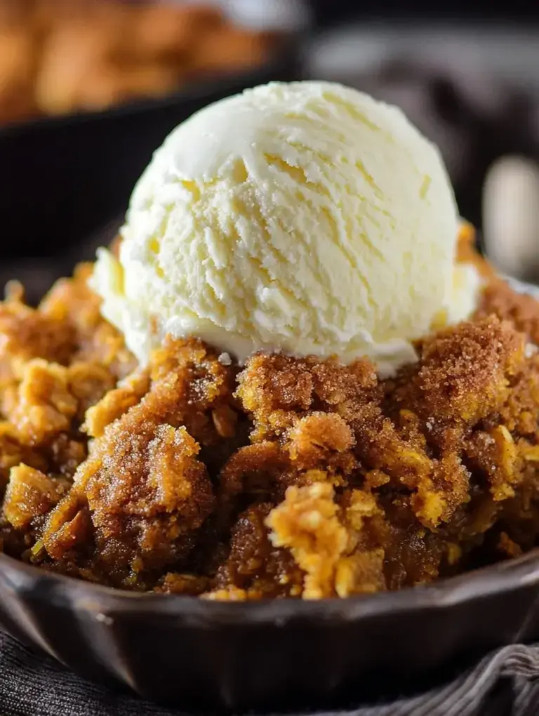 A warm dish of Pumpkin Crisp with a golden oat and pecan topping