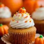 A batch of homemade Pumpkin Cupcakes with Cream Cheese Frosting topped with swirls of white icing.
