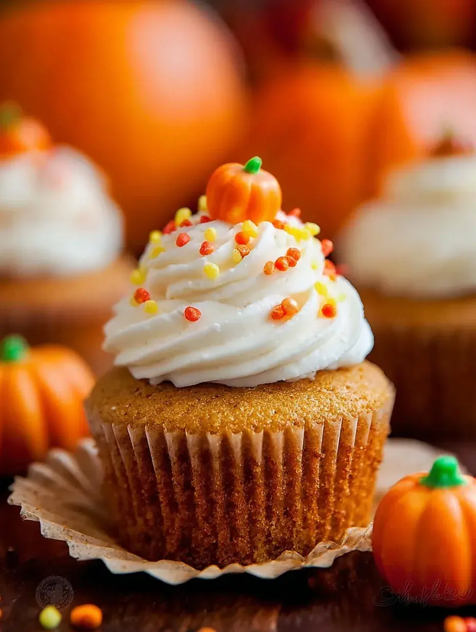 A batch of homemade Pumpkin Cupcakes with Cream Cheese Frosting topped with swirls of white icing.