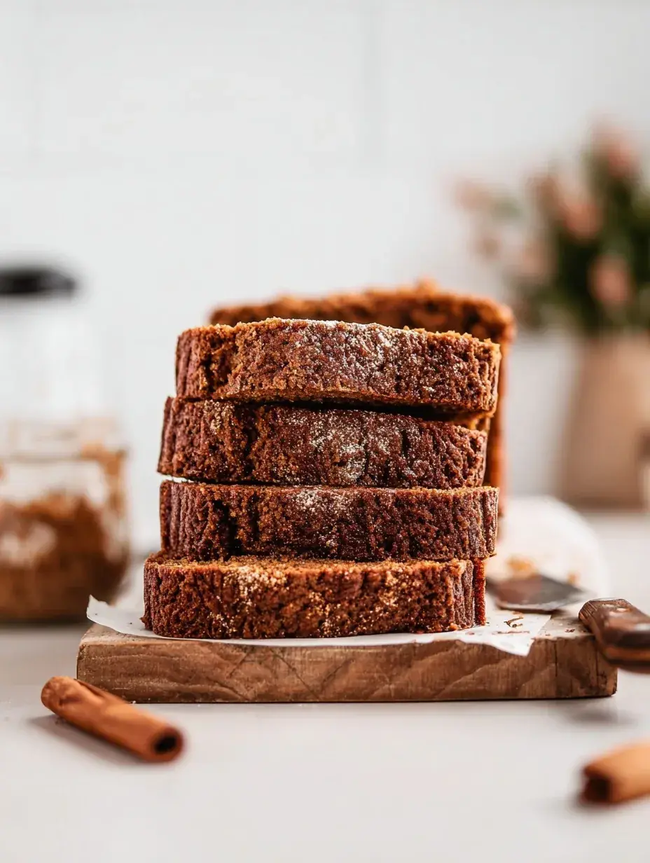 A sliced Vegan Gluten-Free Oil-Free Pumpkin Gingerbread Loaf on a wooden board