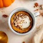Vegan & Gluten-Free Pumpkin Mug Cake in a white ceramic mug