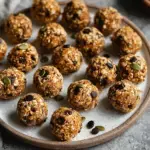 A tray of round Pumpkin Protein Balls (No-Bake) with chocolate chips on parchment paper