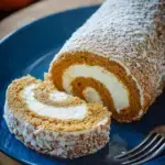 A sliced Classic Pumpkin Roll showing a beautiful cream cheese spiral on a wooden board
