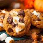 Freshly baked Pumpkin S'mores Cookies on a cooling rack with toasted marshmallows and melted chocolate
