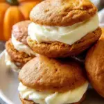 A stack of soft Pumpkin Whoopie Pies with white cream cheese frosting filling