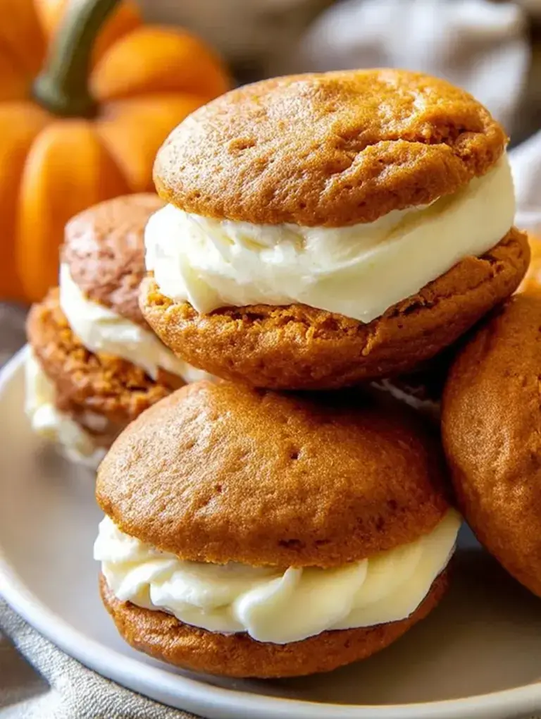 A stack of soft Pumpkin Whoopie Pies with white cream cheese frosting filling