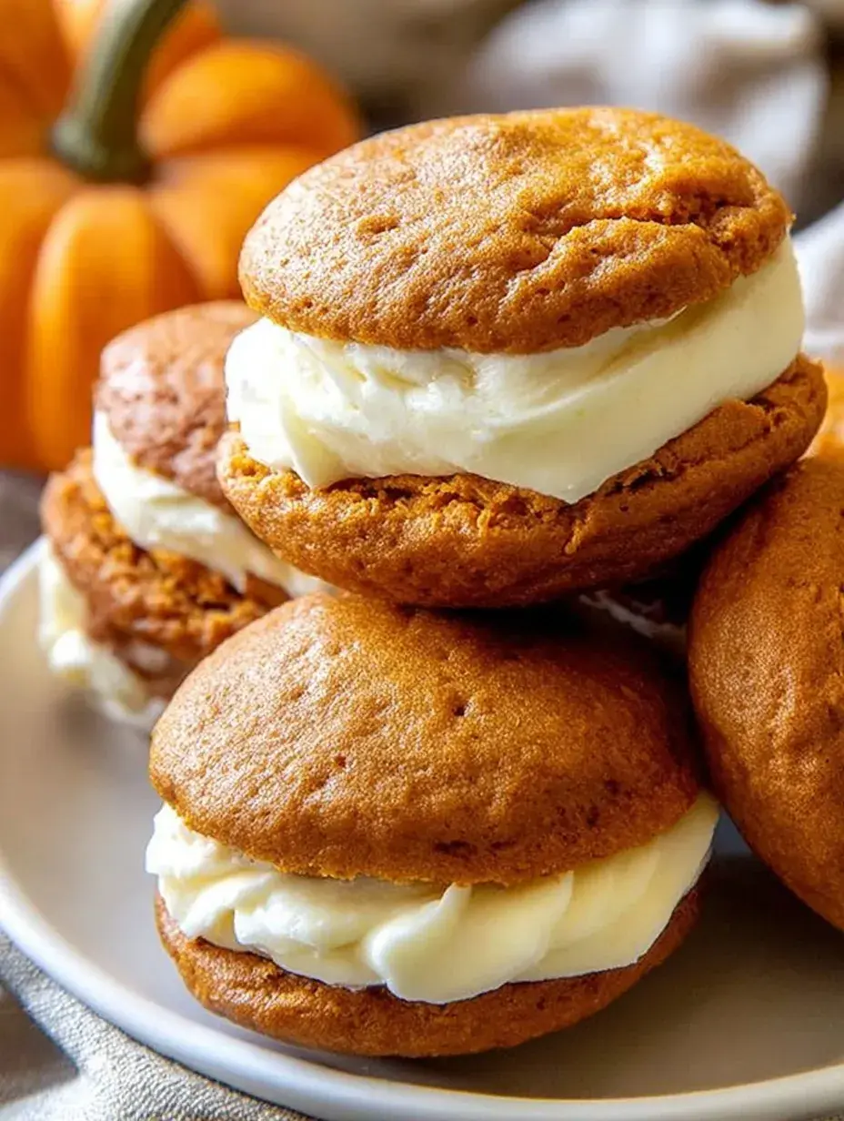 A stack of soft Pumpkin Whoopie Pies with white cream cheese frosting filling